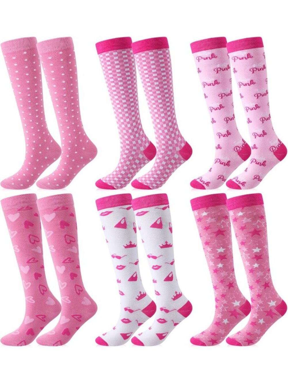 6 Pairs Pink Knee High Socks for Women & Girls | Preppy Tube Style, Cozy & Cute